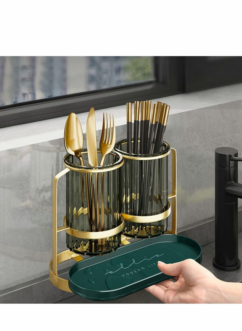 SYOSI - Kitchen Utensil Holder organizer for Countertop, 2 Detachable Plastic Green Cups with Gold Iron Frame Utensil Caddys, Cooking Utensil Holder for Counter for Fork Spatula Flatware - Image 1