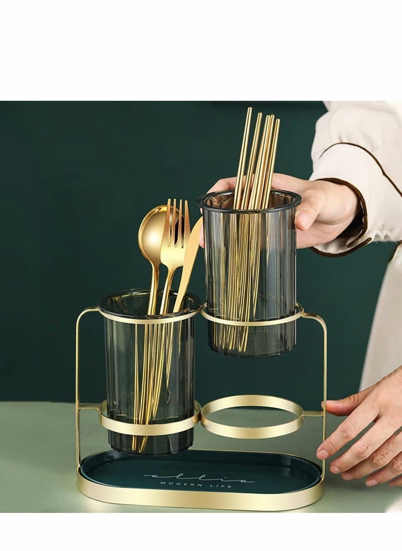 SYOSI - Kitchen Utensil Holder organizer for Countertop, 2 Detachable Plastic Green Cups with Gold Iron Frame Utensil Caddys, Cooking Utensil Holder for Counter for Fork Spatula Flatware - Image 1