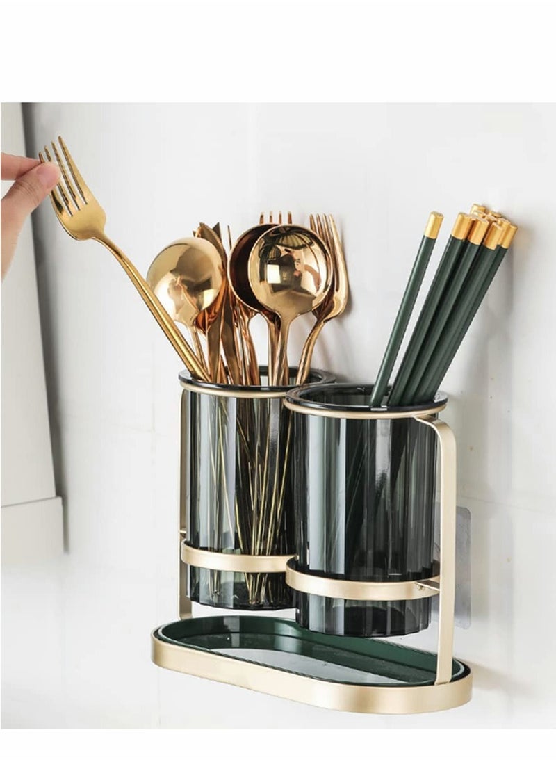SYOSI - Kitchen Utensil Holder organizer for Countertop, 2 Detachable Plastic Green Cups with Gold Iron Frame Utensil Caddys, Cooking Utensil Holder for Counter for Fork Spatula Flatware - Image 1