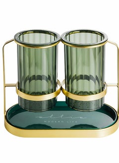 Kitchen Utensil Holder organizer for Countertop, 2 Detachable Plastic Green Cups with Gold Iron Frame Utensil Caddys, Cooking Utensil Holder for Counter for Fork Spatula Flatware