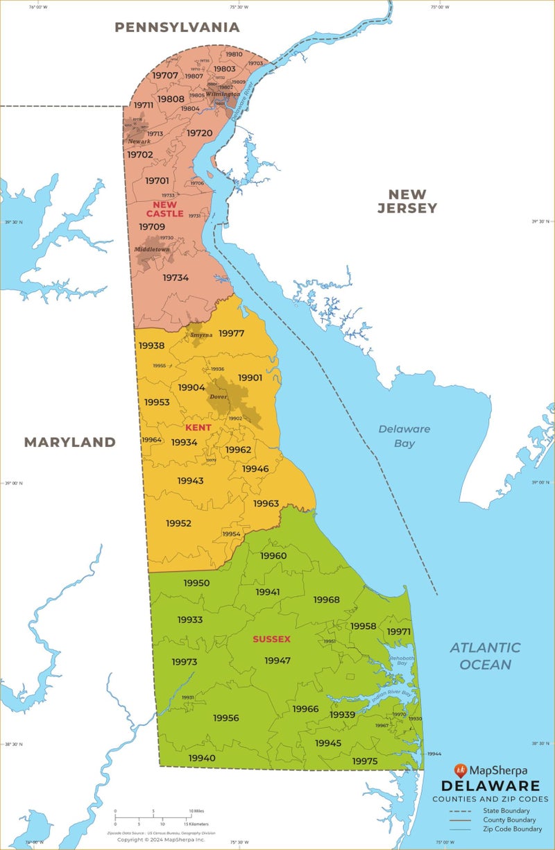 Delaware ZIP Code Map with Counties - Standard - 55.25 x 36 inch Poster - Front Lamination