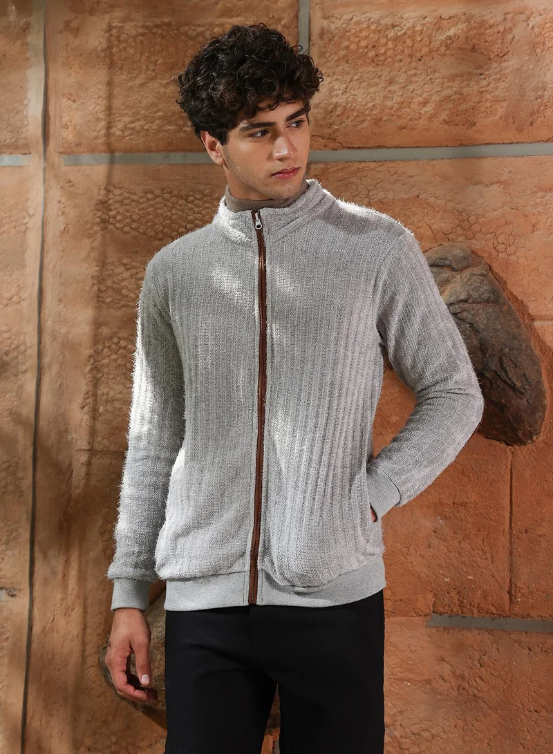 Campus Sutra Men's Coin Grey Zip-Front Tactile Fur-Knit Sweater | Stand Collar , Ribbed Cuff Sleeves , Zipper Closure , Ribbed-Straight Hem | Solid Fur For Casual & Daily Wear