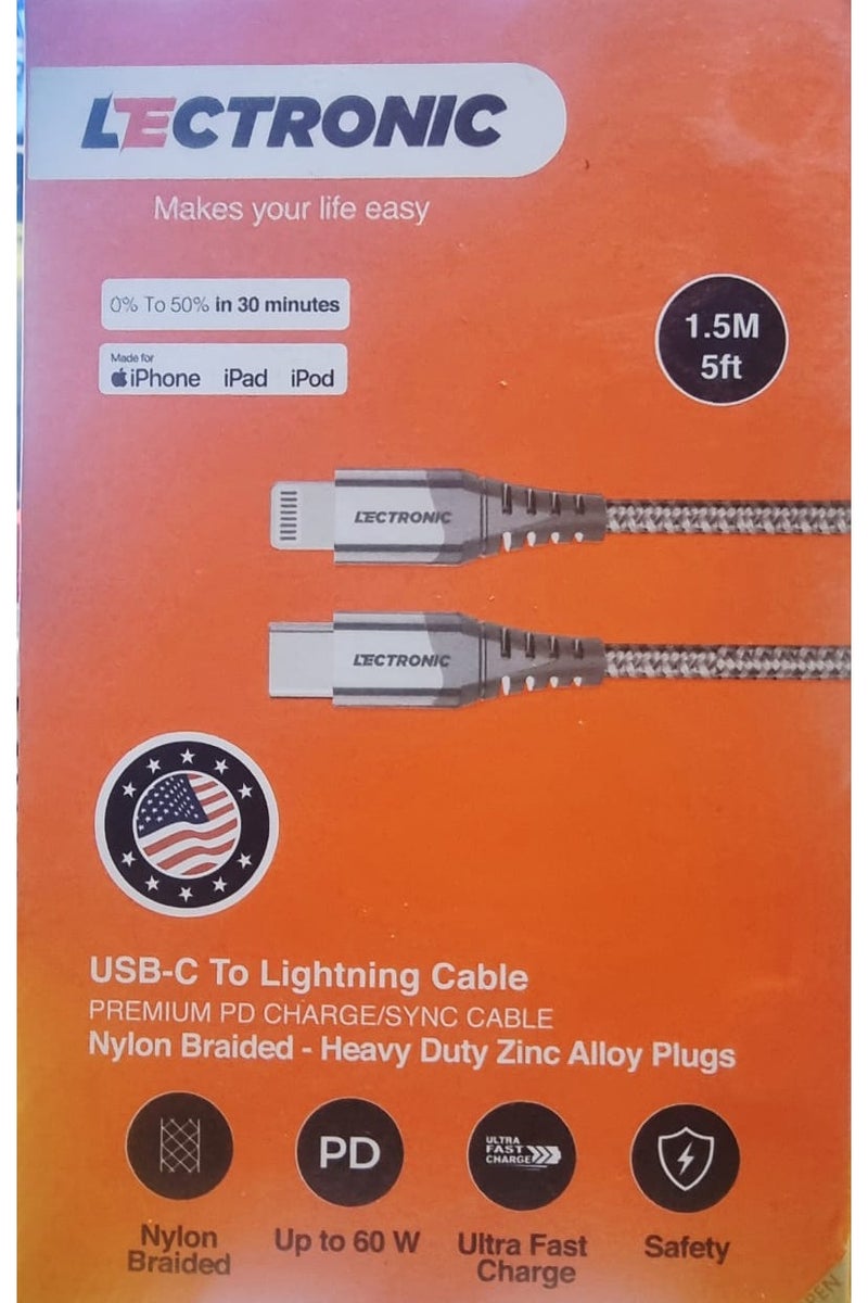 ليكترونيك كيبل شحن LeCtronic معتمد من ابل – T-C إلى Lightning – نايلون مجدول 1.5 متر – لون فضي-AE - Image 3