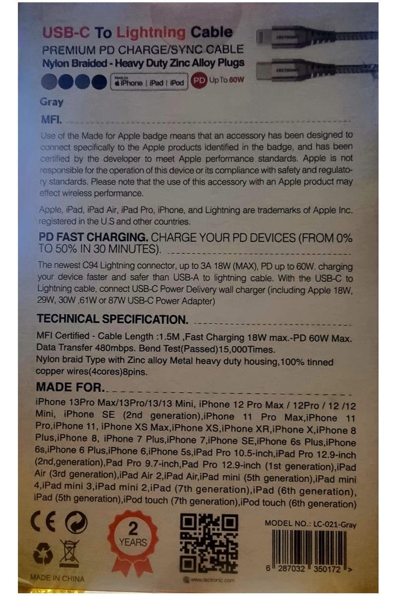 ليكترونيك كيبل شحن LeCtronic معتمد من ابل – T-C إلى Lightning – نايلون مجدول 1.5 متر – لون فضي-AE - Image 4