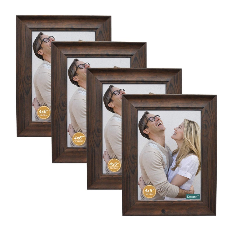DECANIT 4x6 Picture Frames Rustic Distressed Brown Wood Pattern High Definition Glass for Table Top Display and Wall Mounting Photo FramePack of 4