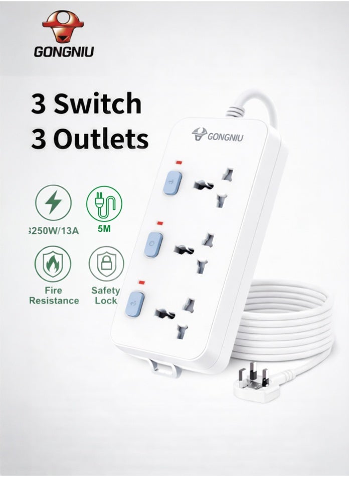 غونغنيو سلك تمديد كهربائي ثلاثي المنافذ بطول 5 أمتار مزود بثلاثة مقابس عالمية، ومفاتيح فردية، وشريط طاقة متعدد المنافذ مع فتحات تعليق، مناسب للمنزل والمكتب - Image 1