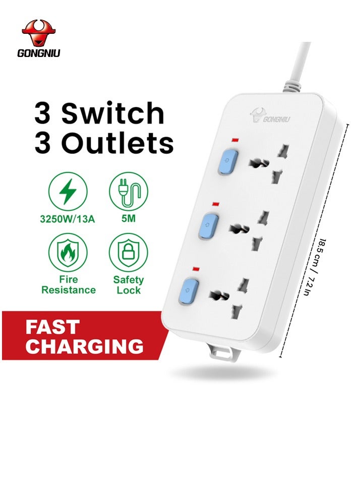 غونغنيو سلك تمديد كهربائي ثلاثي المنافذ بطول 5 أمتار مزود بثلاثة مقابس عالمية، ومفاتيح فردية، وشريط طاقة متعدد المنافذ مع فتحات تعليق، مناسب للمنزل والمكتب - Image 4