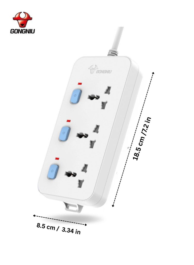 غونغنيو سلك تمديد كهربائي ثلاثي المنافذ بطول 5 أمتار مزود بثلاثة مقابس عالمية، ومفاتيح فردية، وشريط طاقة متعدد المنافذ مع فتحات تعليق، مناسب للمنزل والمكتب - Image 2