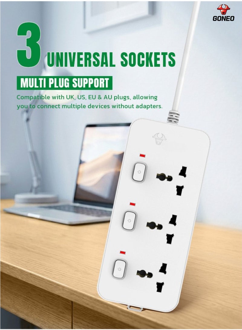 GONEO 3-Way Power Extension Cord 5M with 3 Universal Sockets, Individual Switches, Multi Plug Power Strip With Hanging Holes Extension Lead for Home Officeme & Office - Image 1