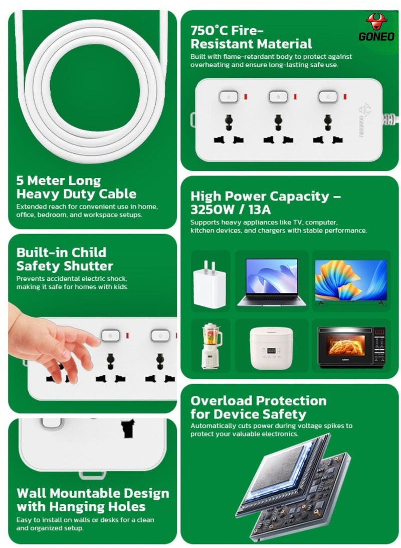 GONEO 3-Way Power Extension Cord 5M with 3 Universal Sockets, Individual Switches, Multi Plug Power Strip With Hanging Holes Extension Lead for Home Officeme & Office - Image 4