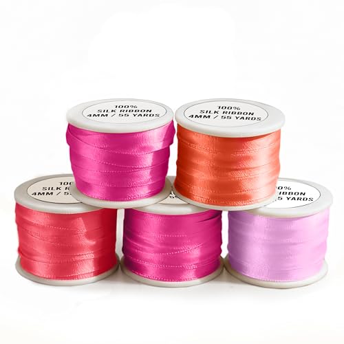 ThreadNanny New ThreadNanny 5 Spools of 100% Pure Silk Ribbons - Pink Tones - 50 MTS x 4mm - Image 3