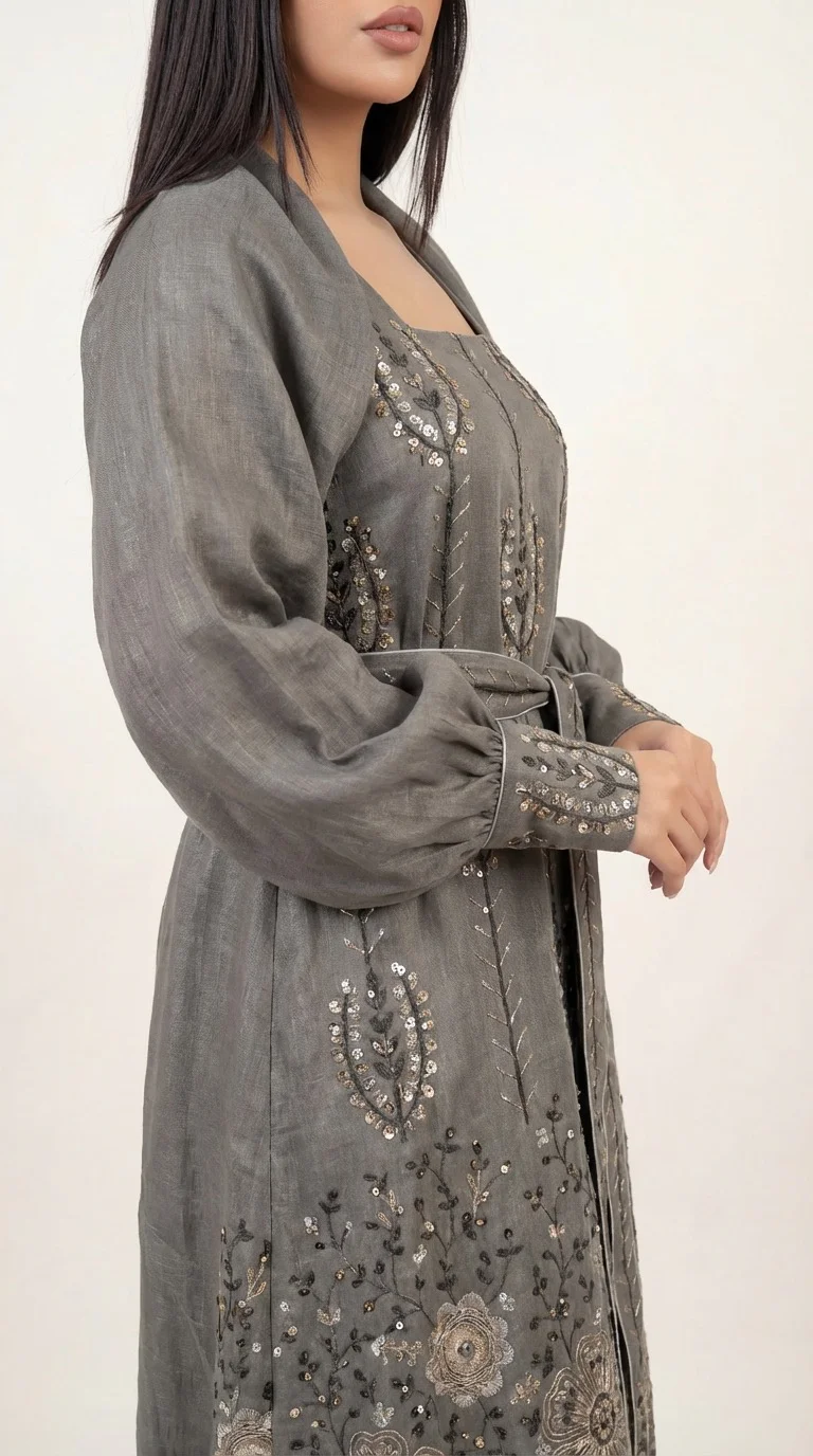 Metanoia 2 pieces Grey & Gold Linen embroidered jalabiya