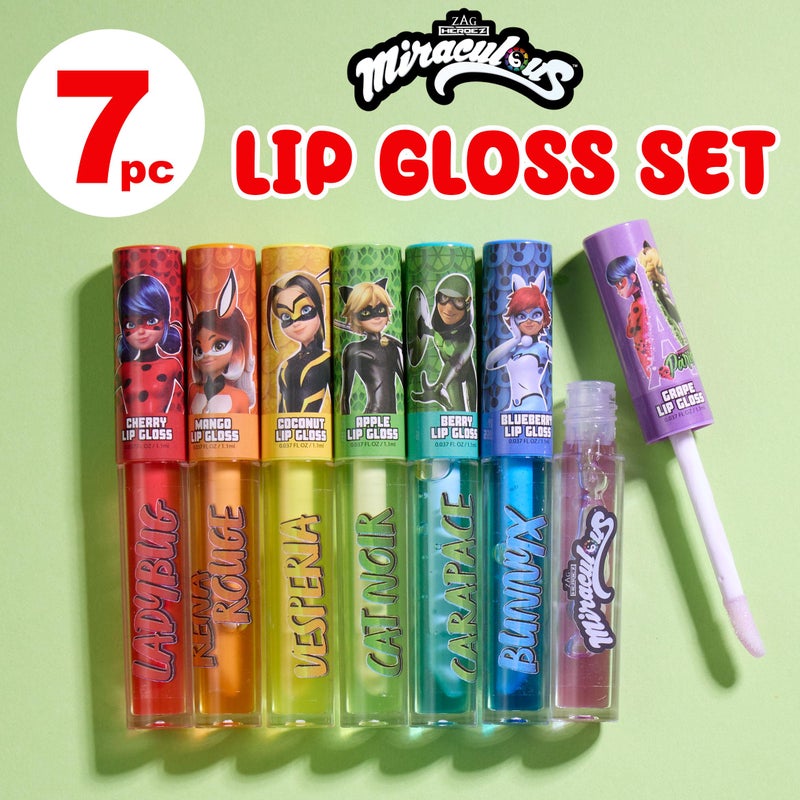 Miraculous 7pc Lip Gloss Set - Zag Heroez Lipgloss Collection Featuring Exciting Fruit Flavors & Precision Applicator Lip Gloss Tubes With Wand - Image 2