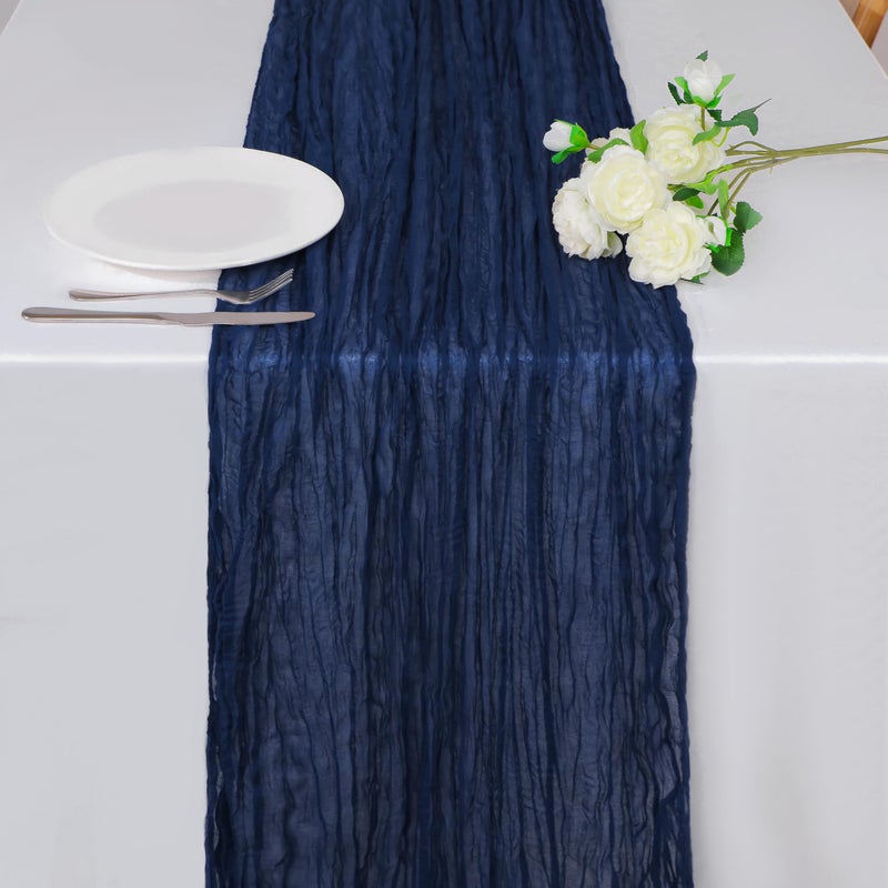 Snowkingdom 10 Ft Navy Blue Cheesecloth Table Runner 120 inch Long Cheese Cloth Boho Gauze Runner for Christmas Wedding Bridal Baby Shower Birthday Holiday Party Sheer Table Decorations