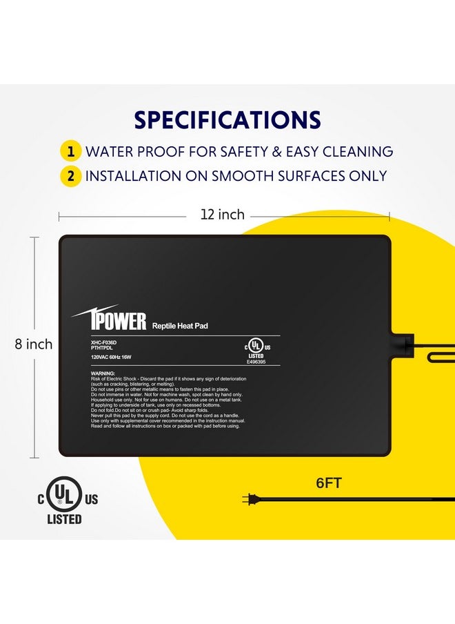 آي باور وسادة تسخين الزواحف iPower مقاس 8 × 12 بوصة أسفل حوض تيراريوم، حصيرة تسخين 16 واط للسلاحف والسحلية والضفادع والثعابين وسرطان البحر الناسك والحيوانات الصغيرة الأخرى  - Image 2
