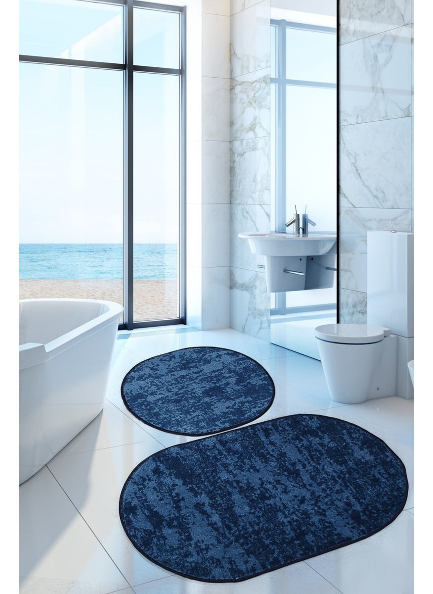 Bonny Home Nova Navy Blue Oval 60X100 + 50X60 cm 2-Piece Bathroom Mat Set Non-Slip Based Toilet Set  - Image 1