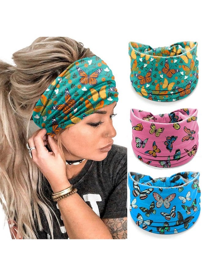 برو بيروس رباط شعر Proberos® للنساء، رباط شعر مقاوم للعرق لممارسة الرياضة في صالة الألعاب الرياضية، رباط رأس عريض ناعم للجري واليوجا والرياضة للفتيات والنساء، عبوة من 3 قطع (فراشة) - Image 1