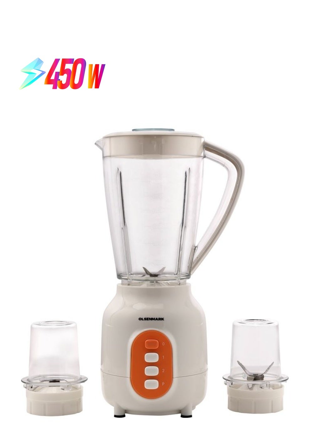 3-IN-1 Blender- Stainless Steel blades | Transparent Unbreakable PC Glass Jars with Stainless Steel Blades for Blending, Grinding and Mincing| 2 Speed with Pulse Function| Sa 450 W OMSB7005 White and Orange