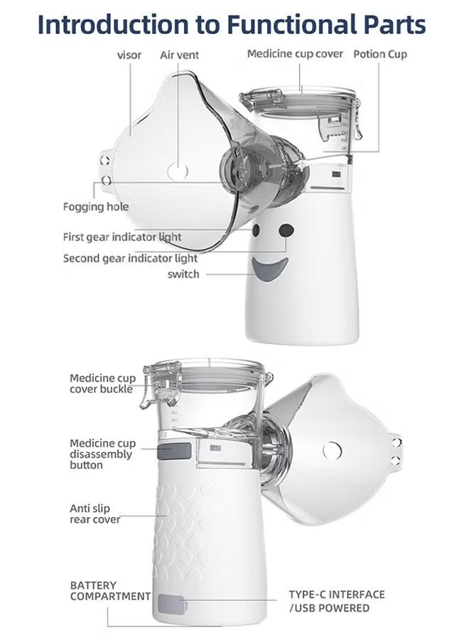 جهاز نيبولايزر محمول بشبكة، 2 أوضاع نيبولايزر محمول، جهاز استنشاق محمول تلقائي للبالغين والأطفال، جهاز استنشاق بالموجات فوق الصوتية بشبكة نيبولايزر للاستخدام المنزلي والسفر - Image 3