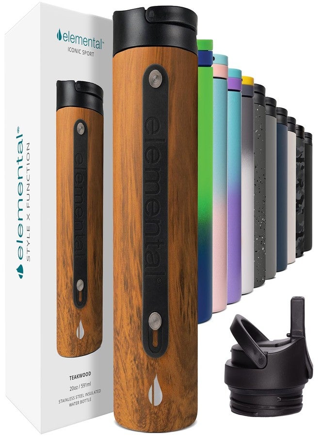 Elemental Iconic Stainless Steel Water Bottle with Straw - 20 oz Leak Proof Triple Wall Insulated Water Bottles for Travel and Sports - Reusable Gym Water Bottle with 2 Straws - Teak Wood - Image 1