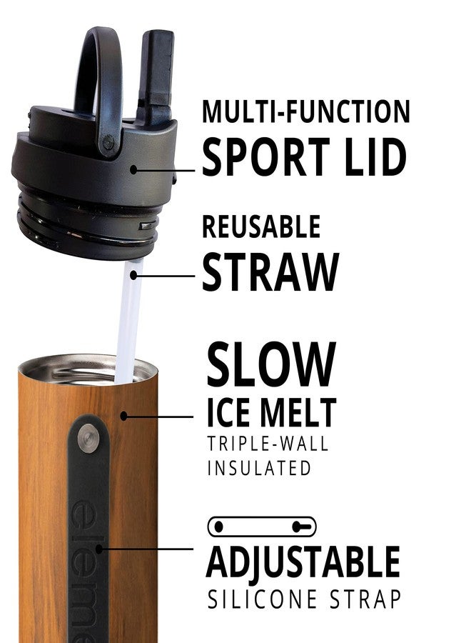 Elemental Iconic Stainless Steel Water Bottle with Straw - 20 oz Leak Proof Triple Wall Insulated Water Bottles for Travel and Sports - Reusable Gym Water Bottle with 2 Straws - Teak Wood - Image 3