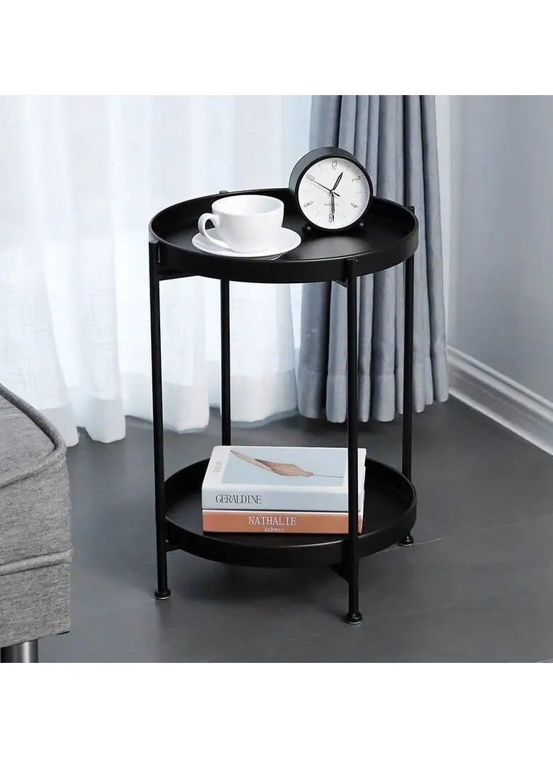 Generic Metal Round Tray End Table with Removable Tray, Bilayer Coffee Table Accent Tea Table Sofa Snack Table for Living Room and Bed Room 