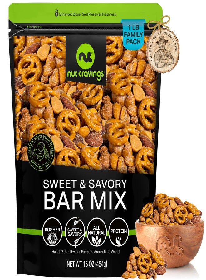 NUT CRAVINGS - Party Bar Nut Mix, Sweet & Savory Pub Snack - Smoked Almonds, Pretzels, Toffee Peanuts, Spicy, Honey Roasted Peanut (16oz - 1 LB) Packed Fresh in Resealable Bag - Food Assortments - Image 1