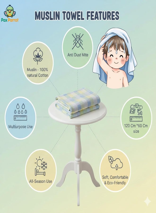 PAX PARROT Premium Muslin Cotton Baby Towel 60 x 120 cm | Ultra-Soft, Breathable & Lightweight | Pastel Checkered Design | Highly Absorbent, Quick Dry | Gentle & Safe for Newborns & Toddlers (Blue) - Image 2