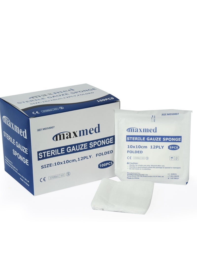 MAXMED - MAXMED 10cmx10cm Sterile Gauze swab for Wound Dressing| 100-Piece  (5 pcs X 20 Pouches) 12-Ply Cotton & Highly Absorbent| Gauze Sponge-Pads for Wound Care & Home First Aid Kits - Image 1