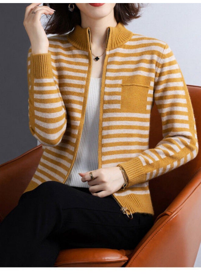 Leyuan Autumn Winter Stand Collar Contrast Color Striped Long Sleeve Zip-up Knitted Cardigan Top Lazy Outerwear Women's Sweater - Image 2
