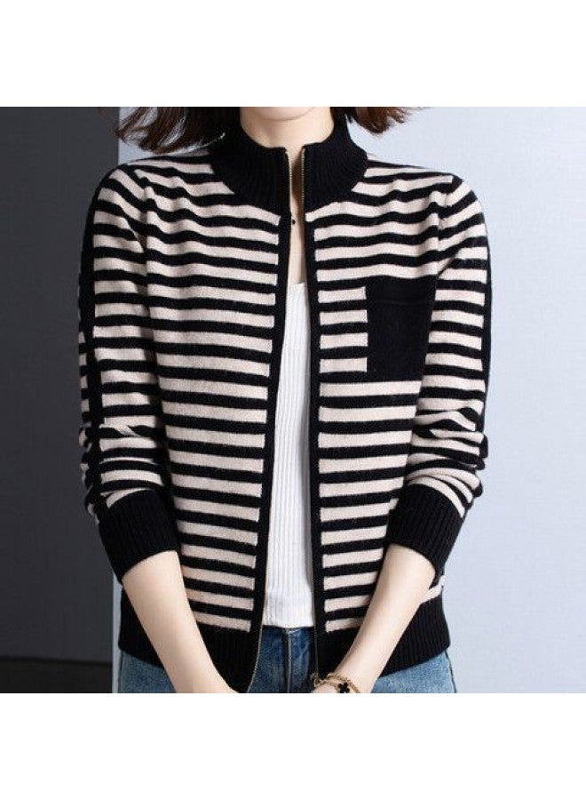 Leyuan Autumn Winter Stand Collar Contrast Color Striped Long Sleeve Zip-up Knitted Cardigan Top Lazy Outerwear Women's Sweater - Image 1