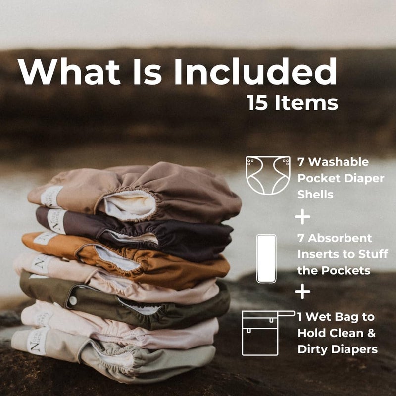 Nora's Nursery Cloth Diapers 7 Pack with 7 Inserts & 1 Wet Bag - Waterproof Cover, Washable, Reusable & One Size Adjustable Pocket Diapers for Newborns and Toddlers - Down to Earth - Image 2