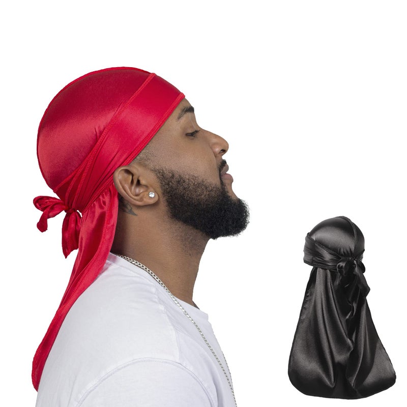 ForceWave 2 Pieces Silky Durag Pack for Men Women Waves, Premium Satin Deluxe Du-rag (Black Red) - Image 1