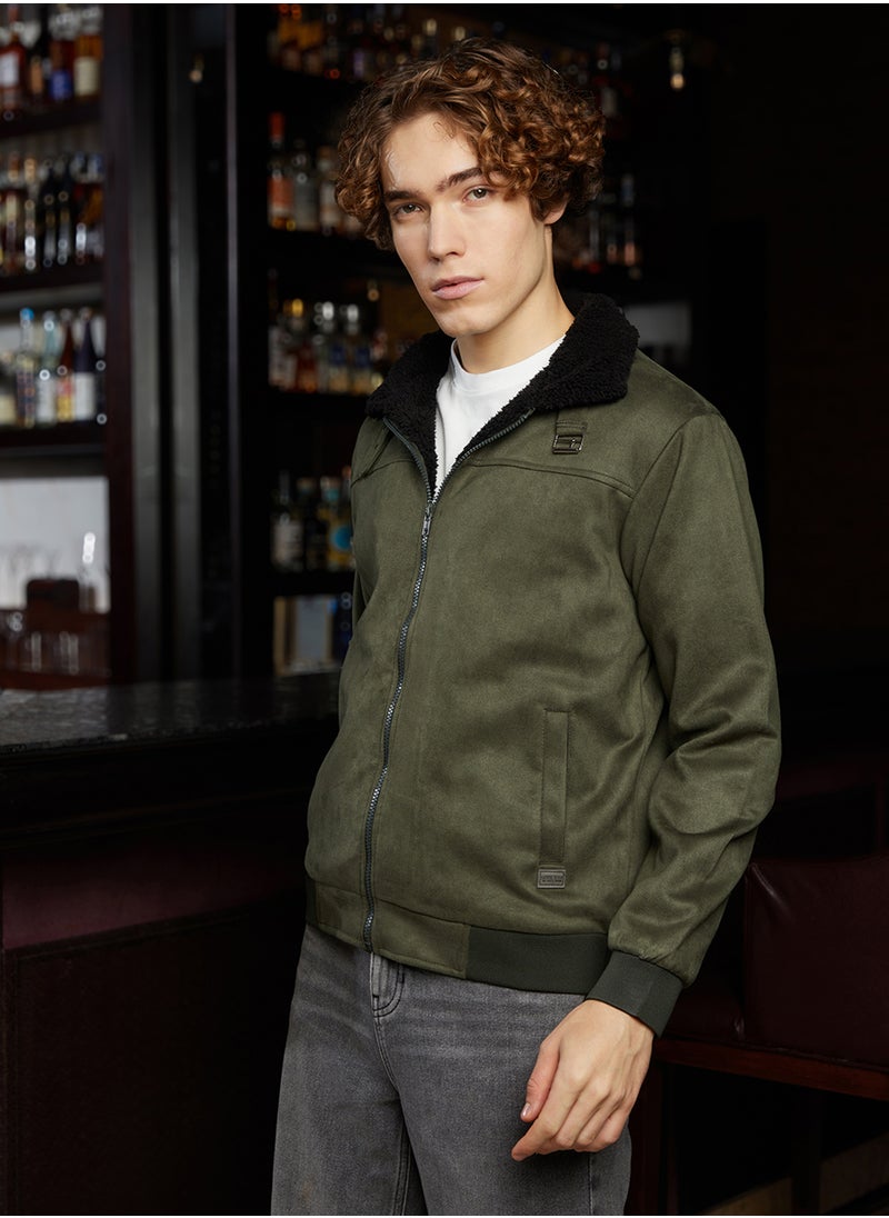 كامبوس سوترا Men's Army Green & Obsidian Black Fleece-Lined Bomber Jacket  - Image 3