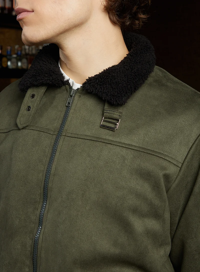 كامبوس سوترا Men's Army Green & Obsidian Black Fleece-Lined Bomber Jacket