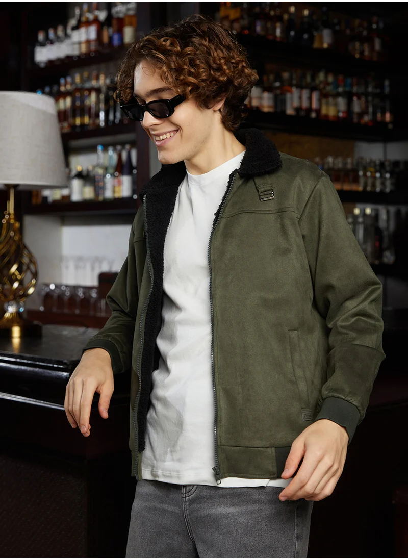 Campus Sutra Men's Army Green & Obsidian Black Fleece-Lined Bomber Jacket