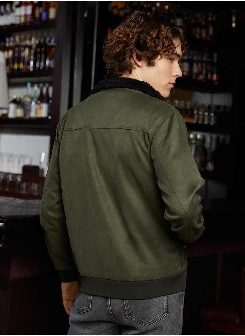 كامبوس سوترا Men's Army Green & Obsidian Black Fleece-Lined Bomber Jacket  - Image 5