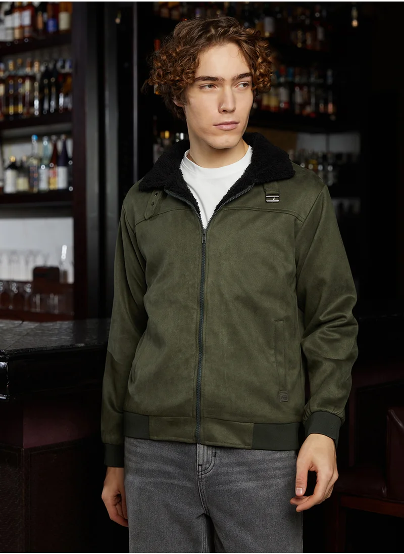 Campus Sutra Men's Army Green & Obsidian Black Fleece-Lined Bomber Jacket