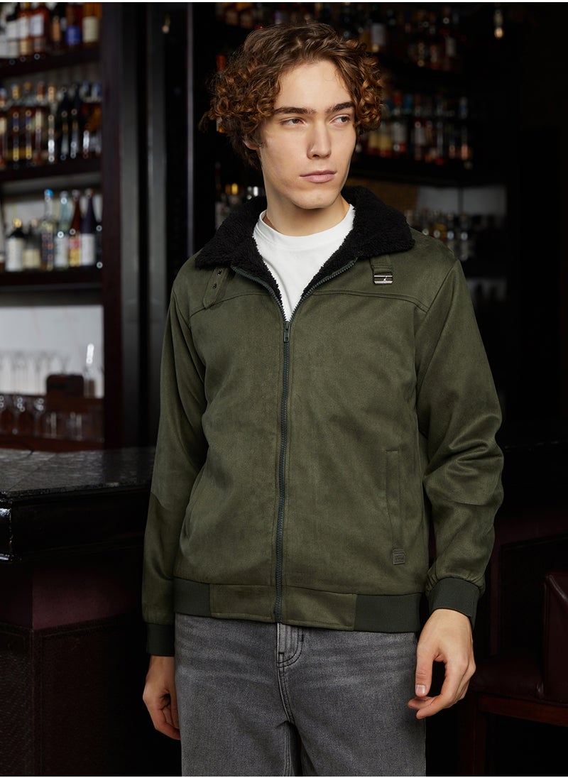 كامبوس سوترا Men's Army Green & Obsidian Black Fleece-Lined Bomber Jacket  - Image 2