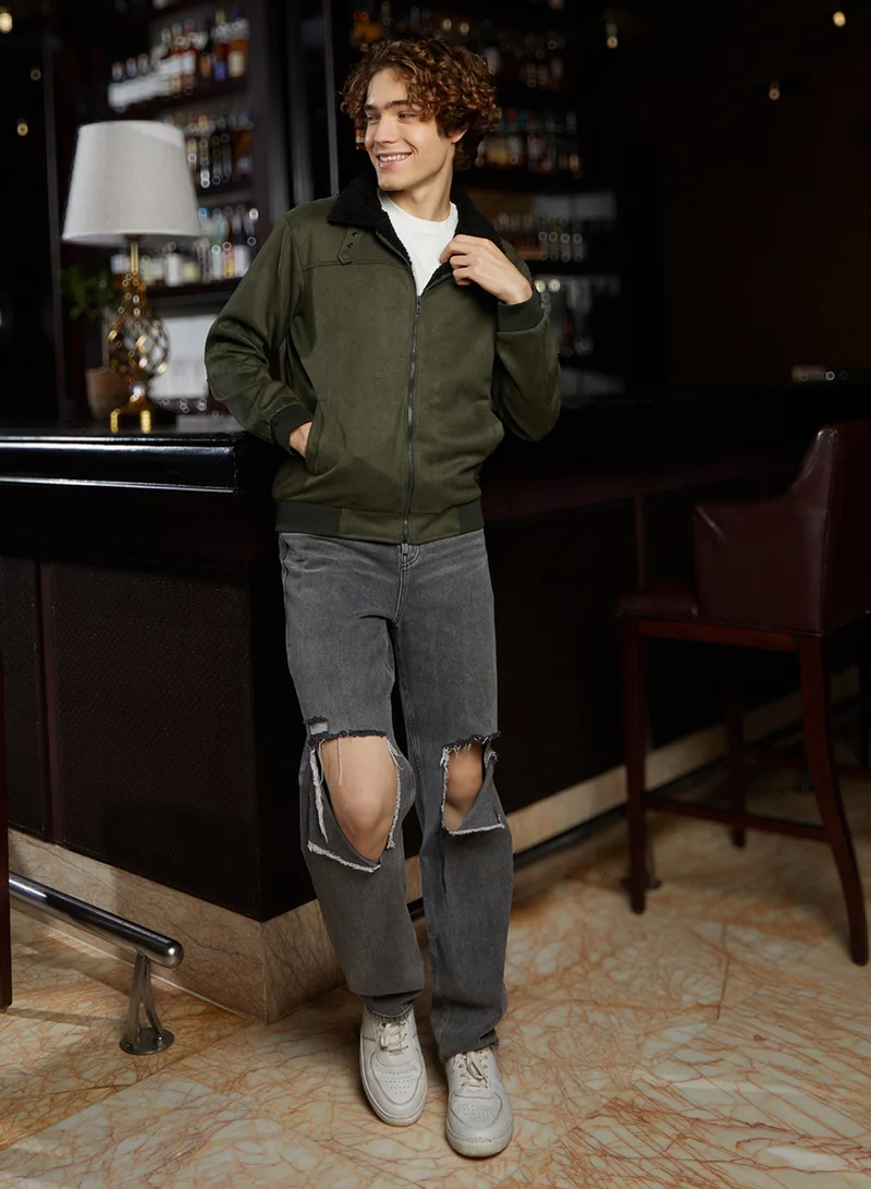 كامبوس سوترا Men's Army Green & Obsidian Black Fleece-Lined Bomber Jacket