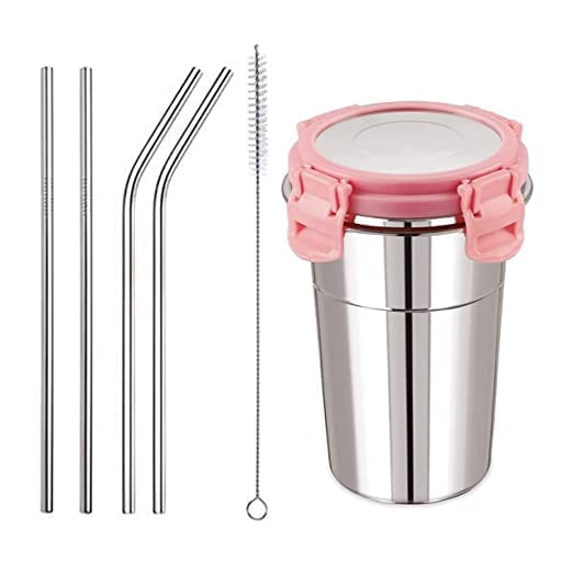 NOBILEA Stainless Steel Fusion Glass Tumbler Withe Stainless Steel Metal Straws and Cleaning Brush with Stainless Steel Lid Multicolor 400ML - Image 1