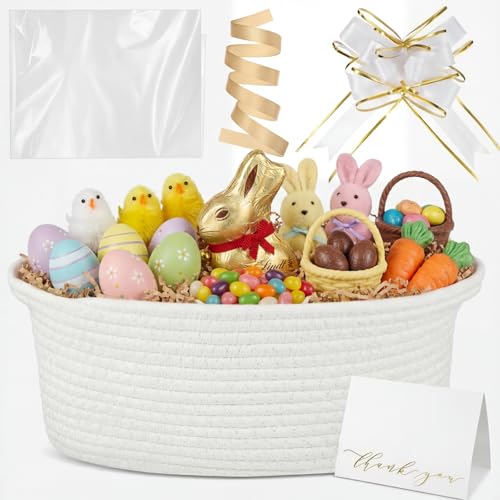 Colingmill Graduation Woven Basket with Gift Bags and 2 Ribbons Raffia Grass Paper Shred Filler Gift Card Empty Small Rope Basket for Storage Presents Toy OrganizerWhite12 8 Inch - Image 1