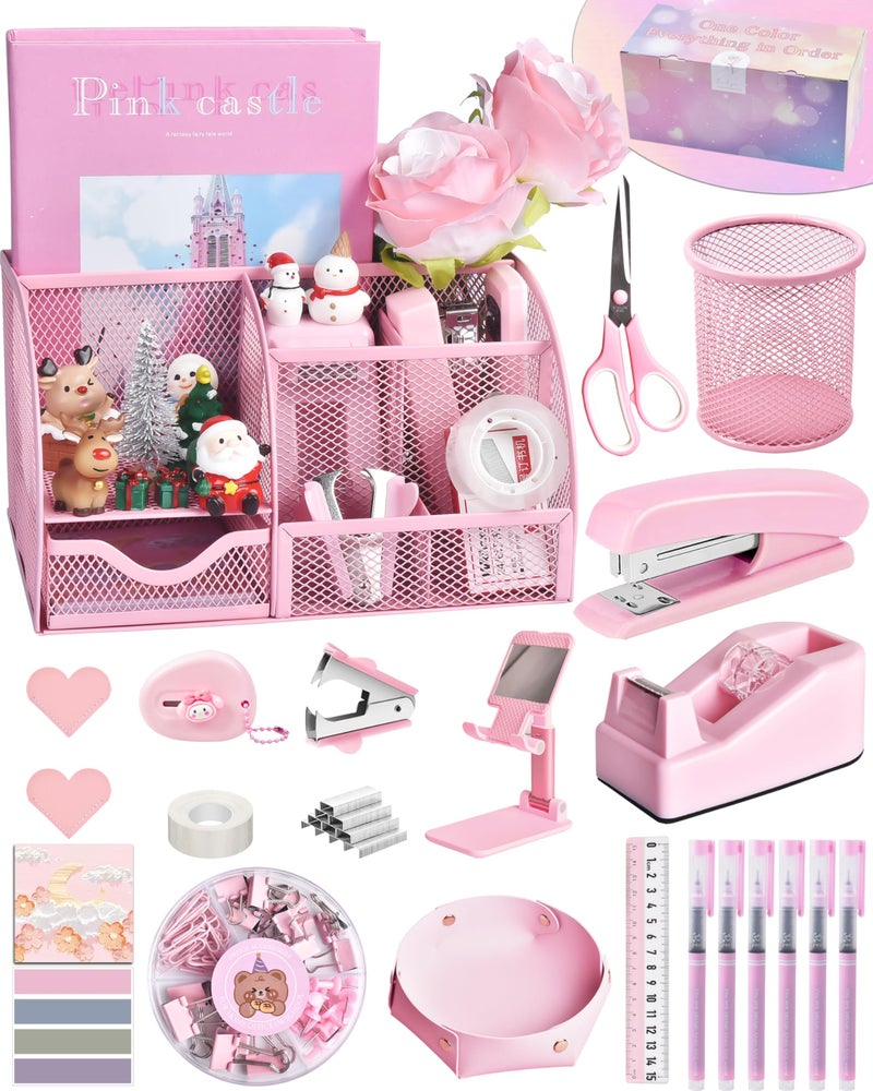 LXEVIHK Pink Desk Accessories, 24Pcs Pink Office Supplies and Desk Organizers, with Tape Dispenser, Stapler, Staple Remover, Ect, Gift Box Packaging - Image 1