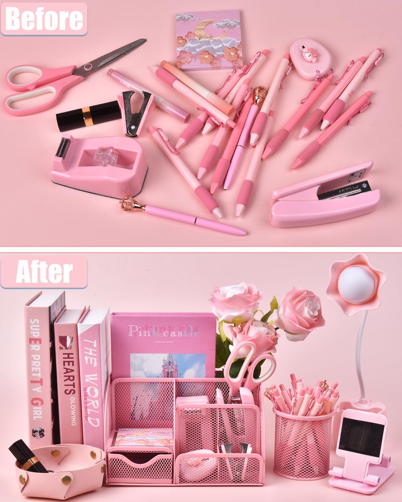 LXEVIHK Pink Desk Accessories, 24Pcs Pink Office Supplies and Desk Organizers, with Tape Dispenser, Stapler, Staple Remover, Ect, Gift Box Packaging - Image 3