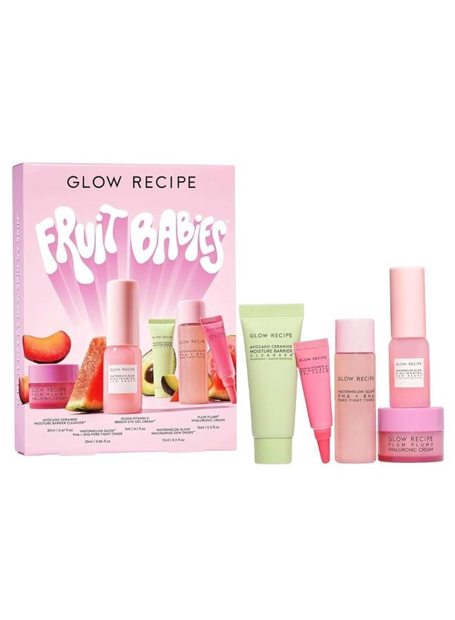 GLOW RECIPE مجموعة العناية بالبشرة فواكه الأطفال - مجموعة هدايا مع منظف وجه سيراميد، تونر BHA، كريم عين فيتامين C، كريم حمض الهيالورونيك وقطرات النياسيناميد (5 قطع) - Image 1