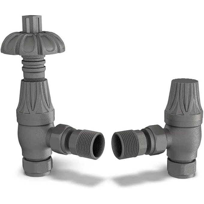 NATURAL PEWTER THERMOSTATIC RADIATOR VALVES AND ANGLED LOCKSHIELD VALVE - MATT NATURAL PEWTER FINISH - TRADITIONAL DESIGN 1/2" X 15MM METAL HEAD RADIATOR VALVES - Image 1