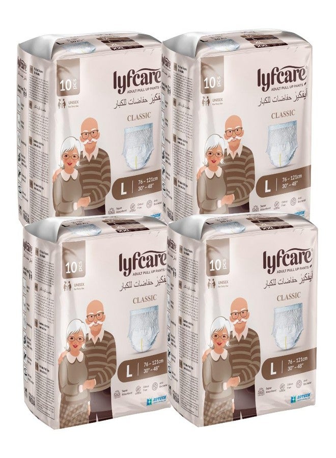 Lyfcare Classic Adult Diapers Large Size (L) - 40 Units (Pack of 4) | Unisex Diapers Pants Style | Waist (75-100 cm) Wetness Indicator, Super absorb, 360° Protection & 0% Leakage | For Men & Women