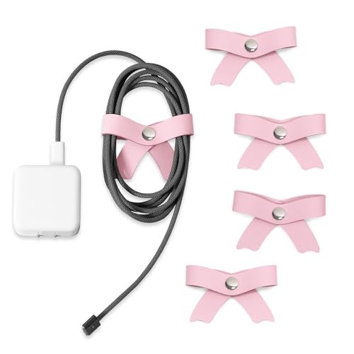 SenseAGE 5 Pack Cord Organizer, Bow Cord Keeper, Cable Organizer USB Holder, Leather Cable Management, Cable Straps, Earphone Winder, Storage Straps for Electronics, Earbuds, Big, Pink - Image 1