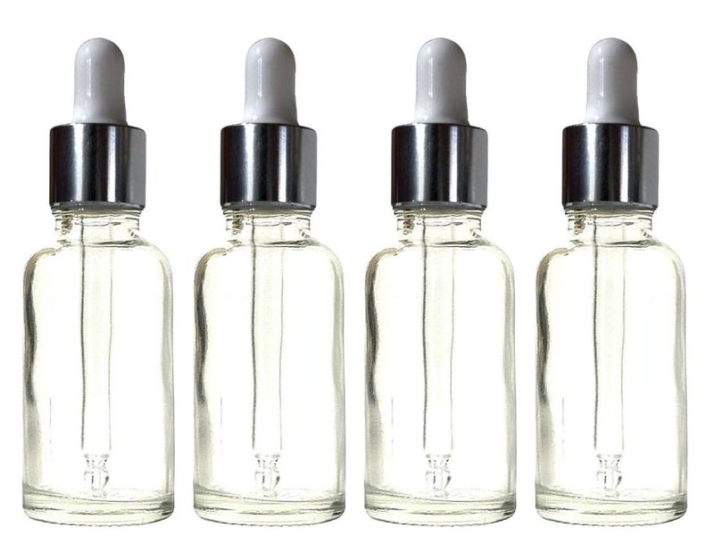 Vow 30ML Transperant Empty Glass Dropper Bottles, Silver Sleeve, White Rubber Teat, Leakproof, Travel For Oil, Perfume, Serum, Cosmetic_Pack of 4 - Image 1