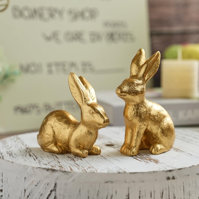 AOMOONOA Gold Easter Bunny Decor, Small Bunny Figurines Set of 2, Resin Rabbit Statues, Gold Bunny Decor for Spring Centerpiece, Home Mantle Shelf Decor - Image 3